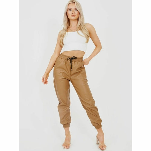 Faux Leather PU Joggers - Camel